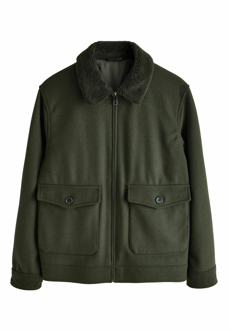 Dark green zip-up jacket with two front buttoned pockets and a textured fleece collar, long sleeves, and a straight hem.