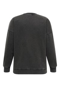 Sweat-shirt gris foncé à manches longues avec col rond, poignets et ourlet côtelés, présenté de dos sur un fond blanc.