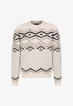 Gebreide trui in crème met zwarte en taupe geometrische patronen. Heeft een geribbelde ronde halslijn en lange mouwen. Zachte textuur, ontspannen pasvorm.