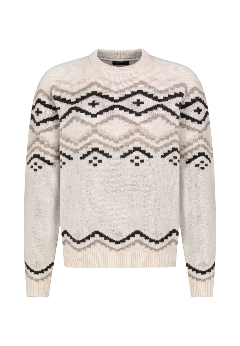 Gebreide trui in crème met zwarte en taupe geometrische patronen. Heeft een geribbelde ronde halslijn en lange mouwen. Zachte textuur, ontspannen pasvorm.