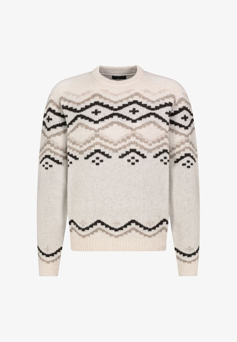 Gebreide trui in crème met zwarte en taupe geometrische patronen. Heeft een geribbelde ronde halslijn en lange mouwen. Zachte textuur, ontspannen pasvorm.
