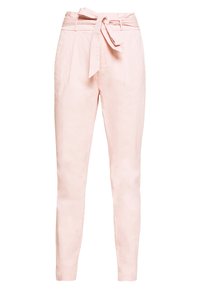 Ljust rosa byxor i mjukt tyg, med hög midja, bälte att knyta samt två sidofickor. Slim fit med tapered passform.