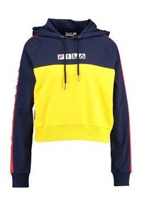 Felpa corta con cappuccio nei colori navy, giallo e rosso. Presenta un cappuccio con cordino, orlo a costine e il logo Fila sul davanti e sulle maniche.