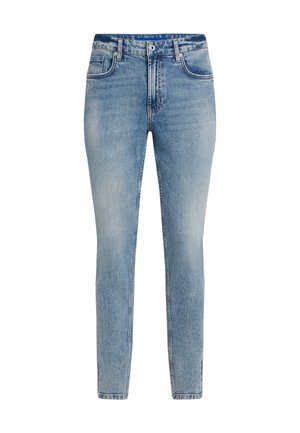 Ljust blå, slim-fit jeans i denim. Har femficksdesign, knappstängning och subtila blekningar. Slät textur och rak benform.