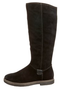 Botte noire en daim montante avec une texture lisse, semelle plate, détails cousus et un petit patch logo sur le côté.