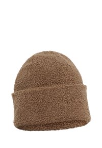 Beanie din fleece maro cu un vârf rotund și bordură pliată. Textură moale, cu un aspect confortabil.