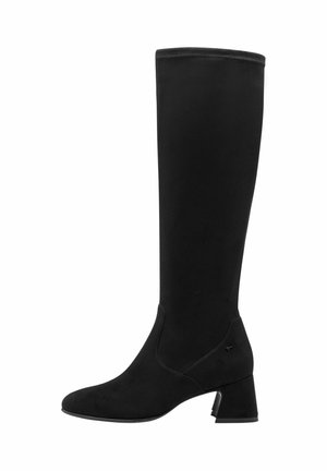 Kniehoge zwarte suède laarzen met een spitse neus en een dikke blokhak. Gladde textuur met een naadloos ontwerp en subtiele stikseldetails.