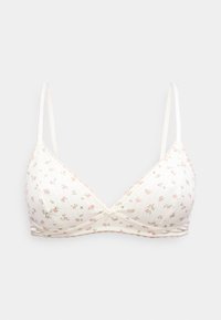 Άσπρο σουτιέν με μαλακά φλις και δαντέλα στο τελείωμα, με λεπτές ρυθμιζόμενες τιράντες και μικρό ροζ λουλουδάτο σχέδιο σε ανοιχτό φόντο.