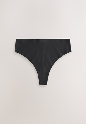 Zwarte string gemaakt van een gladde stof, ontworpen met een lage taille en minimale bedekking aan de achterkant.