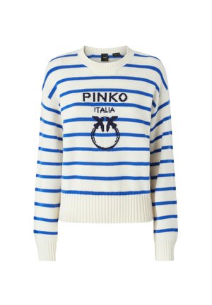 Maglione a righe color crema con righe blu, caratterizzato da una grafica lavorata a maglia "PINKO ITALIA" sul davanti e orlo e polsini a costine.