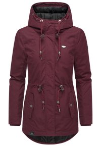 Burgundy hooded jacket with drawstrings, front pockets, and a black inner lining. Features metal hardware accents and a sleek design.