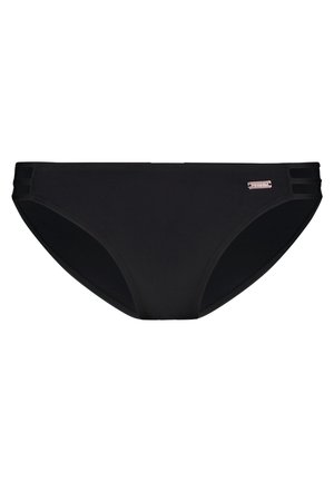 Schwarzer Bikini-Unterteil mit glatter Textur, verziert mit ausgeschnittenen seitlichen Akzenten und einem kleinen metallischen Markenetikett auf der Vorderseite.