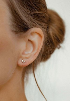 Silberne Ohrringe in Schmetterlingsform mit klaren Steinakzenten, getragen in einem durchstochenen Ohrläppchen. Die Haare sind zu einem lockeren Dutt frisiert.