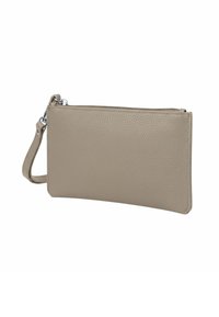 Pochette in pelle texturizzata color taupe con zip e strap removibile su sfondo bianco.