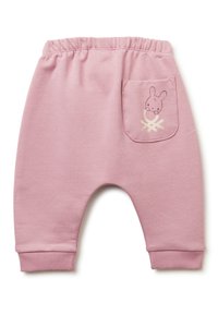 Růžové bavlněné kalhoty pro batolata s elastickým pasem, zúženými manžetami a zadní kapsou s grafikou králíčka a jemným křížovým vzorem.