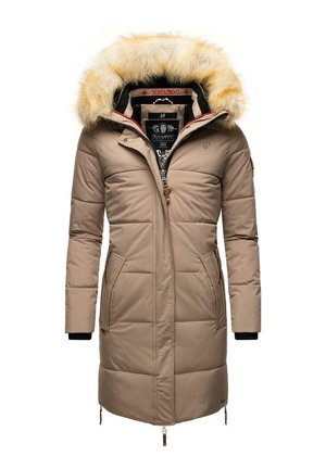 Beige puffer coat with a faux fur hood, zip closure, two side pockets, and ribbed cuffs. Features padded texture and logo detailing.