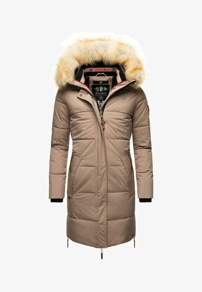Beige puffer coat with a faux fur hood, zip closure, two side pockets, and ribbed cuffs. Features padded texture and logo detailing.