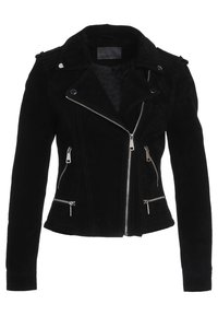 Schwarze Wildleder-Motorradjacke mit einem gekerbten Kragen, silbernen Reißverschlüssen und mehreren Reißverschlusstaschen. Besitzt ein tailliertes Design und strukturierter Stoff.