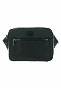 Borsa rettangolare verde scuro realizzata in materiale sintetico testurizzato, con una tasca frontale con zip e un motivo geometrico in rilievo. Accentatura del logo in argento.