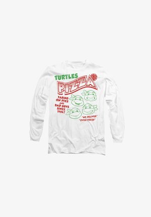 White long-sleeve shirt featuring red and green graphic text and turtle illustrations, with a pizza theme and playful phrases.