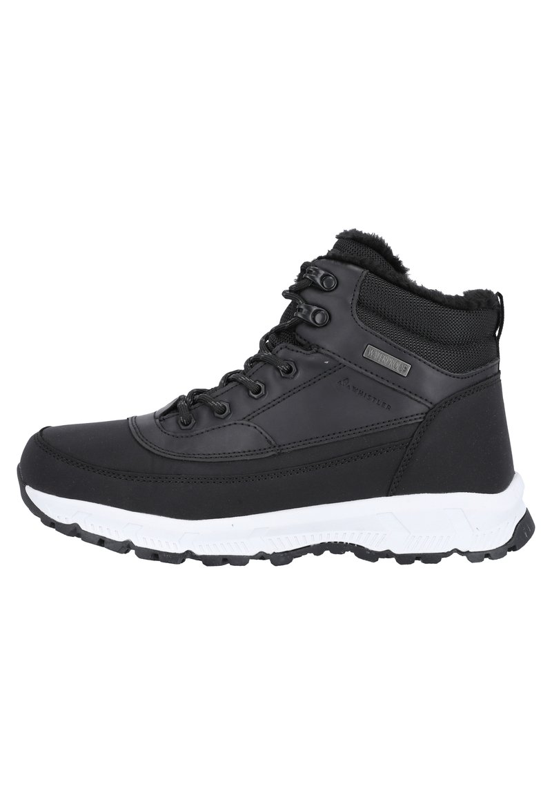 Botas de tobillo impermeables negras con un upper texturizado, diseño de cordones, cuello de piel sintética y una entresuela de goma blanca con una suela robusta.