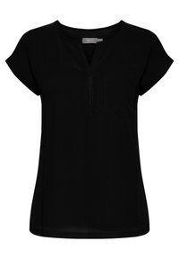 Schwarze Bluse mit kurzen Ärmeln und V-Ausschnitt, ausgestattet mit einer Brusttasche und dezenten Nähdetails am Ausschnitt. Glatte Stofftextur.