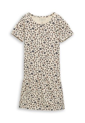 Korte beige jurk met zwarte en bruine luipaard- en bloemenprint, korte mouwen en een geplooid rokgedeelte.