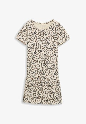 Vestido corto beige con estampado de leopardo y flores en negro y marrón, mangas cortas y sección de falda fruncida.