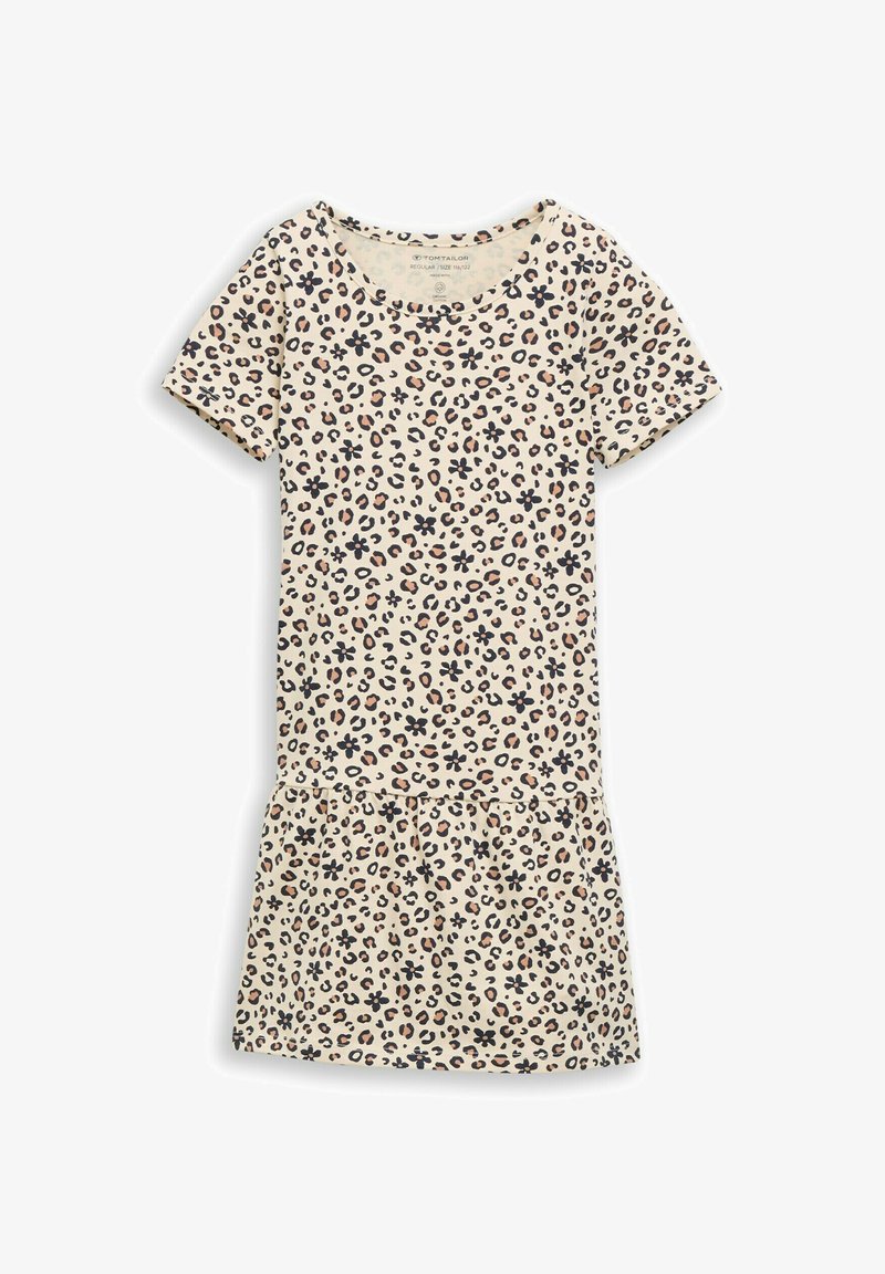 Robe courte beige avec imprimé léopard noir et marron ainsi que des fleurs, manches courtes et jupe froncée.