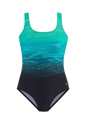One-piece swimsuit with wide straps, featuring a gradient from turquoise with abstract lines to solid black at the bottom.