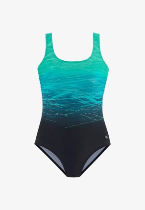 Einteiliger Badeanzug mit breiten Trägern, der einen Farbverlauf von Türkis mit abstrakten Linien zu solidem Schwarz am unteren Teil aufweist.