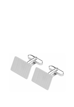 Pair of silver rectangular cufflinks with subtle vertical engraved lines and swivel toggle closures.