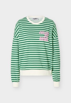 Bluza z długim rękawem w zielono-białe poziome paski, z białą lamówką i różowym napisem "COLOURFUL REBEL" na piersi.