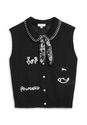 Black sleeveless button-up knit top with white stitched collar, paisley necktie, and white embroidered words and designs on front.
