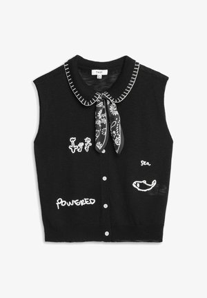 Black sleeveless button-up knit top with white stitched collar, paisley necktie, and white embroidered words and designs on front.