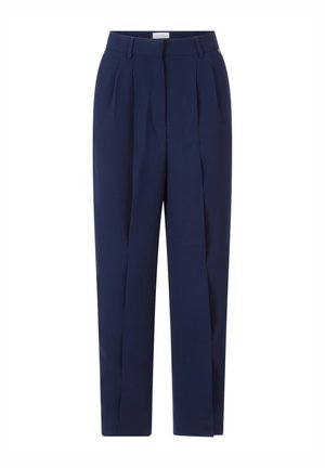 Pantaloni a pieghe blu navy realizzati in tessuto con una superficie liscia; presentano un alto punto vita e una vestibilità dritta senza tasche visibili.