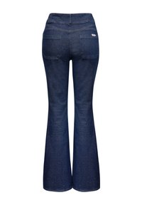 Jeans a zampa d'elefante in denim indaco scuro con una consistenza liscia, dotati di una fascia in vita elasticizzata e due tasche posteriori.