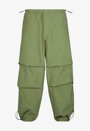 Leichte, olivgrüne Cargo-Hosen mit elastischem Bund, geschichtetem Design und Zugband-Überschlägen. Hergestellt aus glattem, strapazierfähigem Stoff.
