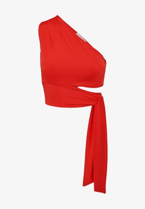 Asümmeetriline punane lühike topp, mis on valmistatud siledast kangast; sisaldab ühte varrukat ja keeratud külje detaili koos pikema vooluva sidumisega.