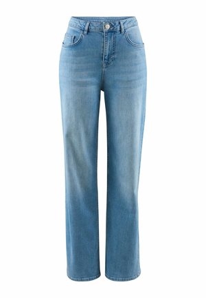 Lichtblauwe, rechtbenige jeans met hoge taille, knoop- en ritssluiting, voor- en achterzakken, en subtiele vervaging op de dijen.