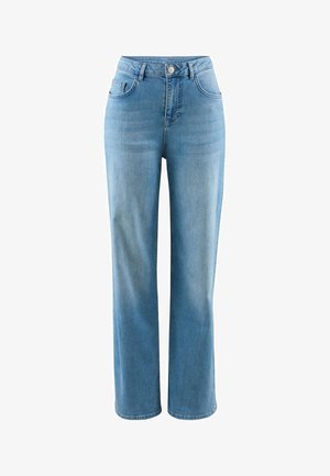 Lyseblå jeans med højt talje og lige ben, lukkes med knap og lynlås, for- og baglommer samt diskret falmning på lårene.