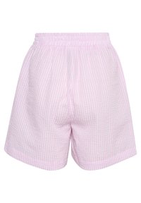 Shorts en vichy rose avec une taille élastique, fabriqués dans un tissu léger et texturé, avec une coupe ample et droite pour plus de confort.