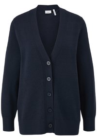 Granatowy kardigan wykonany z dzianiny, z dekoltem w serek, prążkowanymi detalami oraz sześcioma guzikami z przodu. Długie rękawy, luźny krój.