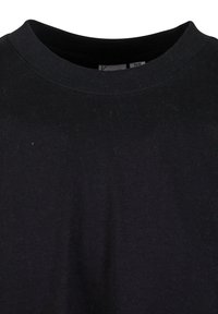 Black cotton t-shirt with a round neckline, featuring a soft texture and minimal visible lint. Simple design without patterns or accents.