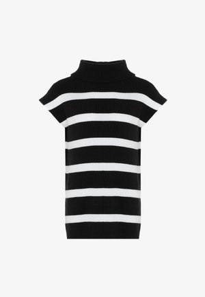 Pulover cu dungi alb-negru, având un guler înalt cu nervuri, mâneci scurte și o croială lejeră, cu un design tricotat texturat.