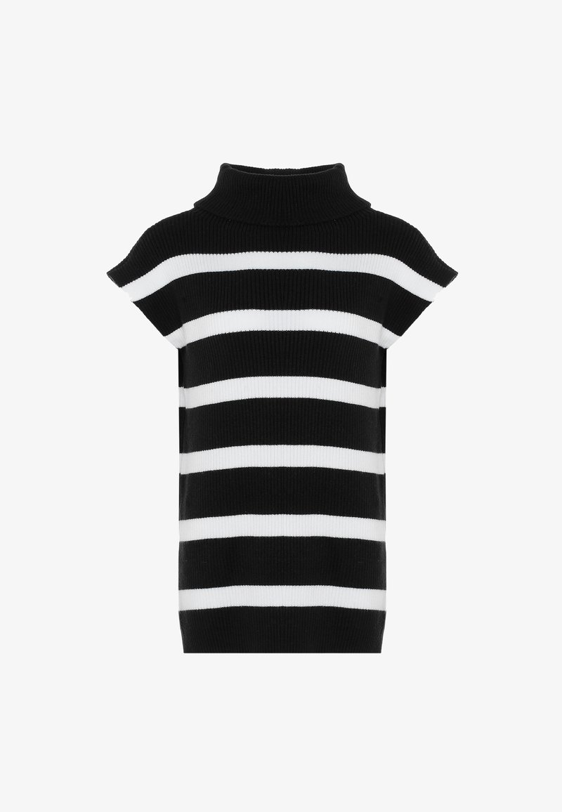 Fekete-fehér csíkos pulóver, magas bordás nyakkal, kis ujjakkal és laza fazonnal, texturált kötött mintázattal.