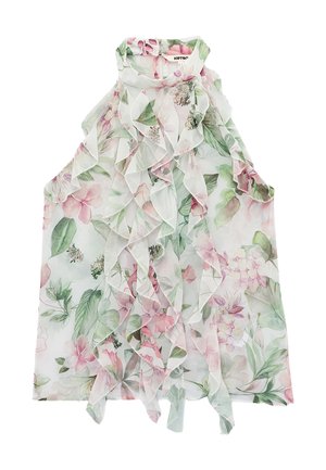Ärmellose Bluse mit floralen Muster in Rosa und Grün, mit mehrlagigen Rüschen vorne und einem hohen Kragen mit Reißverschluss hinten.