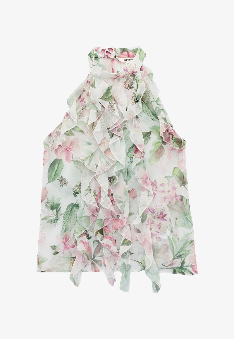 Bezrękawowa bluzka w kwiaty z różowymi i zielonymi kwiatami, z warstwowymi falbanami z przodu i wysokim kołnierzem z zamkiem z tyłu.