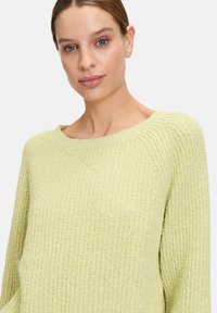 Hellgrüner, gerippter Pullover mit weitem Ausschnitt, langen Ärmeln und einem weichen, strukturierten Stoff. Keine auffälligen Muster oder Akzente sichtbar.