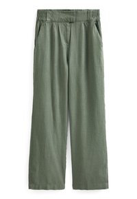 Pantalons larges de couleur vert olive en tissu doux. Dotés d'une taille élastique, de deux poches latérales et d'une texture lisse.